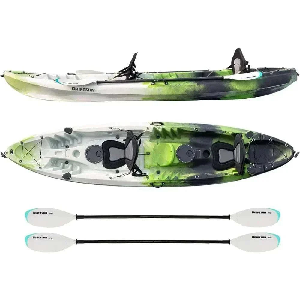 Hard Shell Kayak. 2 or 3 Person Sit on Top. 2 EVA Padded Seats. 2 Aluminum Paddles and Fishing Rod Holder Mounts. Kayak