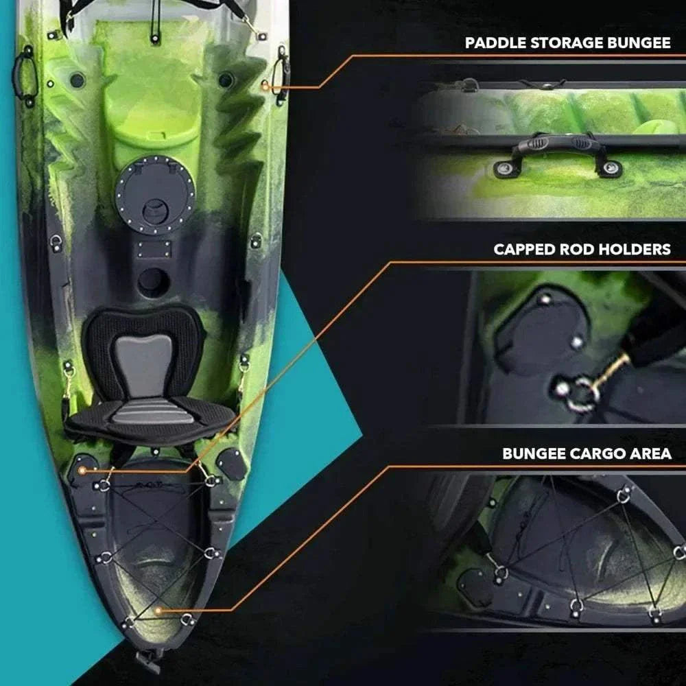 Hard Shell Kayak. 2 or 3 Person Sit on Top. 2 EVA Padded Seats. 2 Aluminum Paddles and Fishing Rod Holder Mounts. Kayak