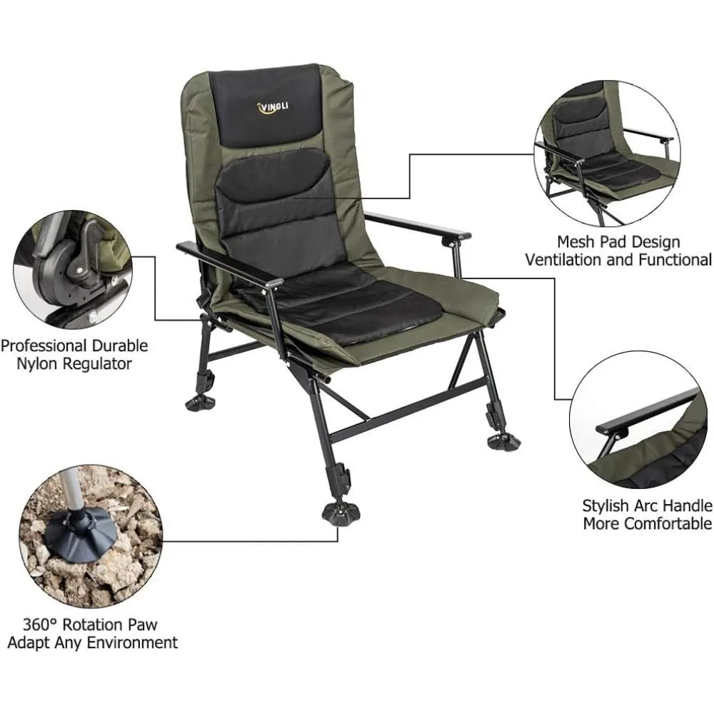 Heavy Duty Fishing Chair with Footrest Support 440 LBS. Oversized Camping Chairs with 160° Adjustable High Back Freight free