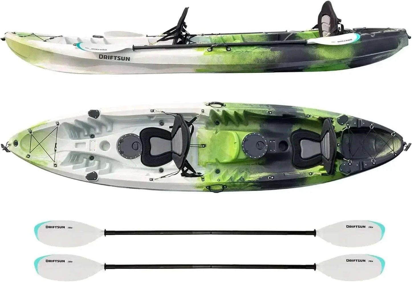 Hard Shell Kayak. 2 or 3 Person Sit on Top. 2 EVA Padded Seats. 2 Aluminum Paddles and Fishing Rod Holder Mounts. Kayak