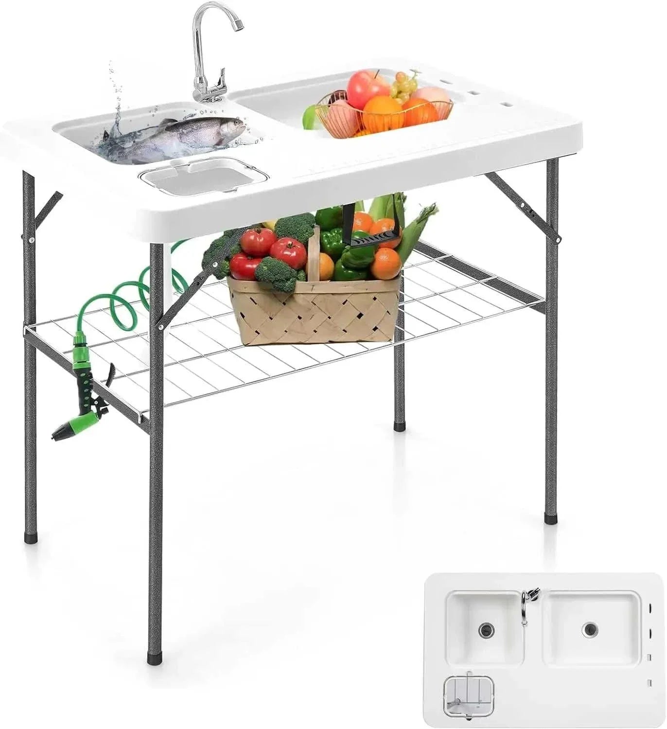 Folding Fish Cleaning Table with Sink. Portable Camping Sink Table with Grid Rack & Sprayer. Fish Fillet Cutting