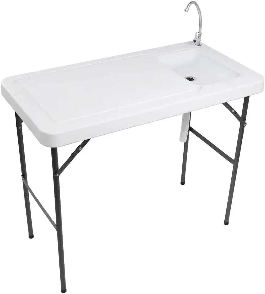 Folding Fish Cleaning Table with Sink. Portable Camping Sink Table with Grid Rack & Sprayer. Fish Fillet Cutting