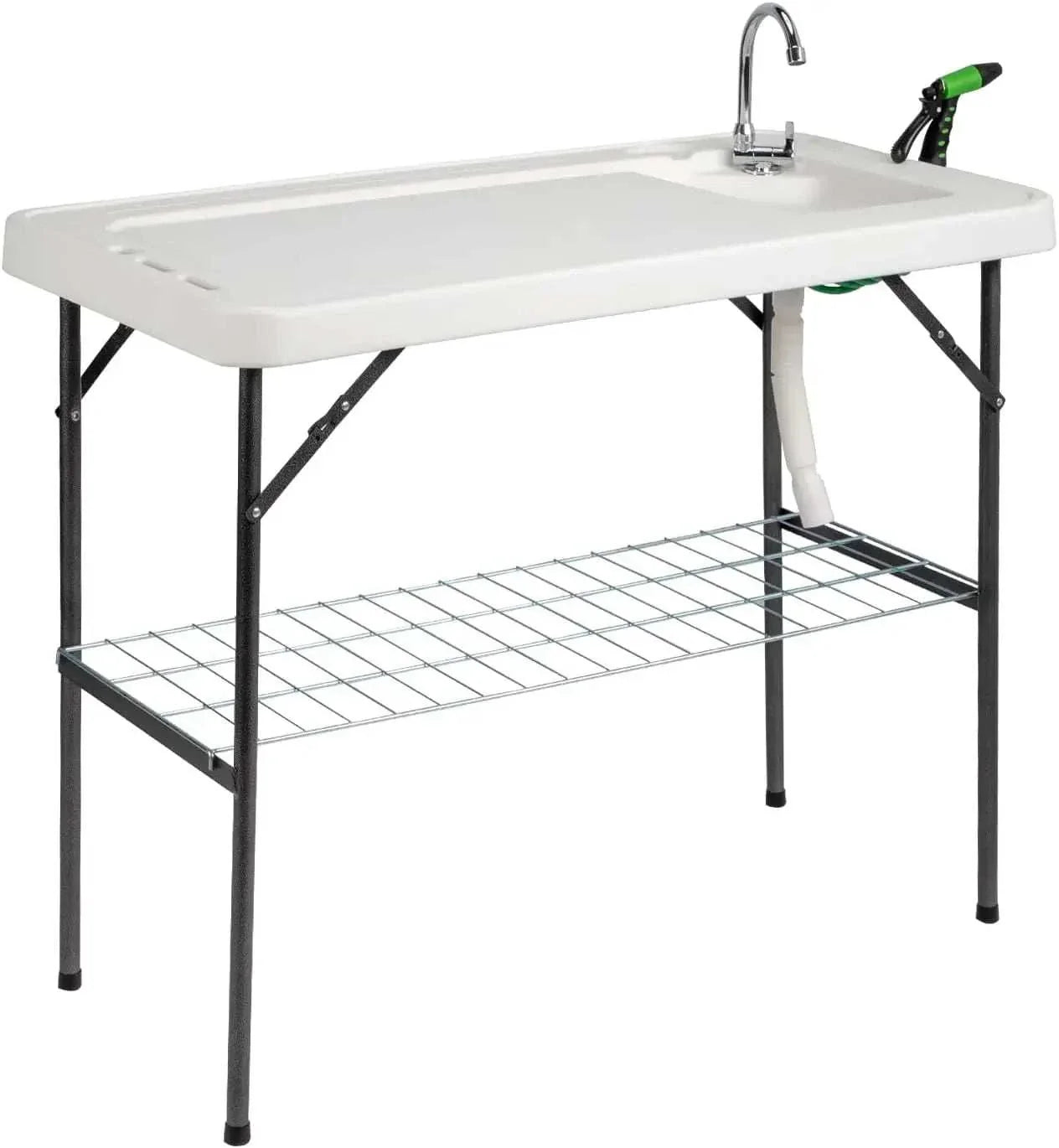 Folding Fish Cleaning Table with Sink. Portable Camping Sink Table with Grid Rack & Sprayer. Fish Fillet Cutting