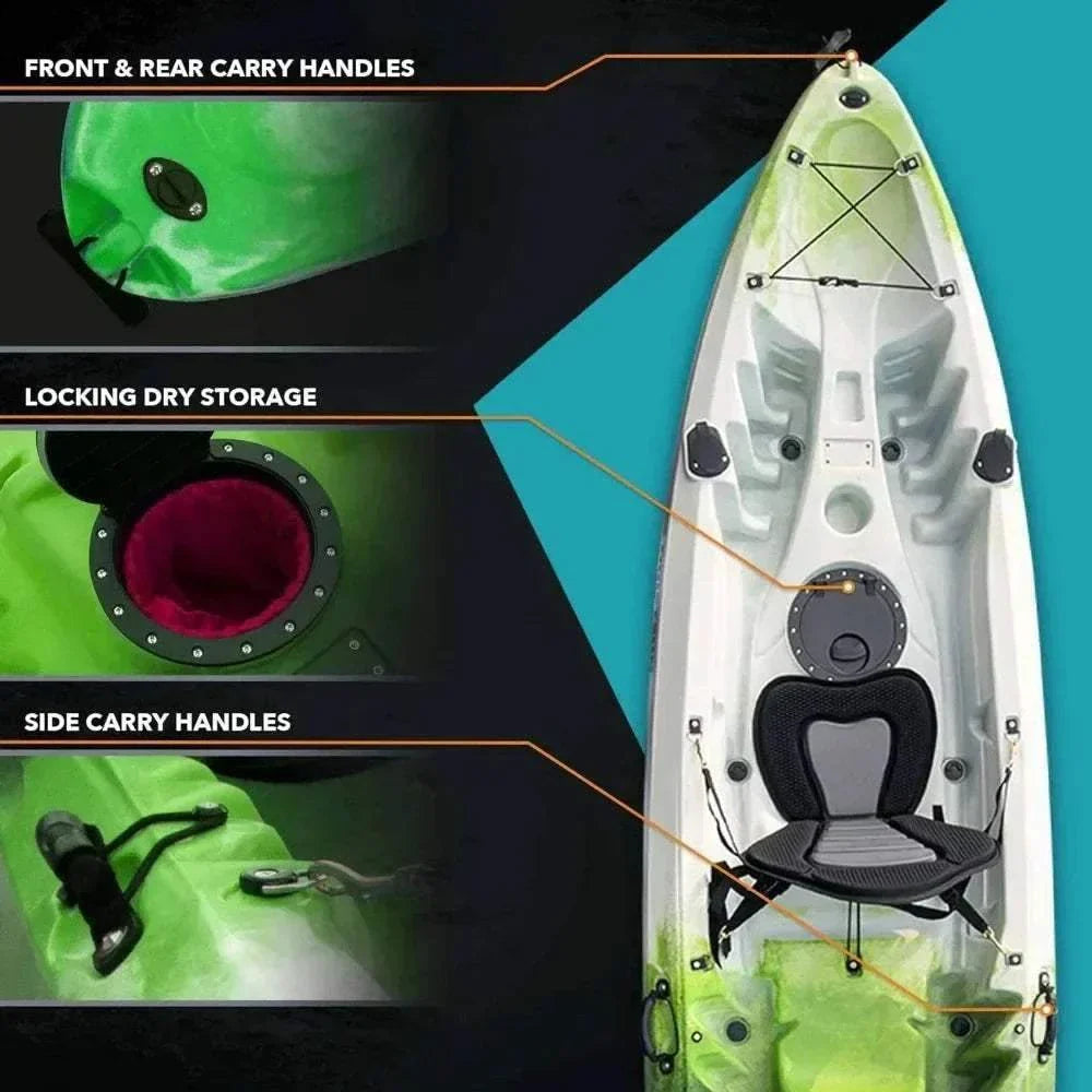 Hard Shell Kayak. 2 or 3 Person Sit on Top. 2 EVA Padded Seats. 2 Aluminum Paddles and Fishing Rod Holder Mounts. Kayak