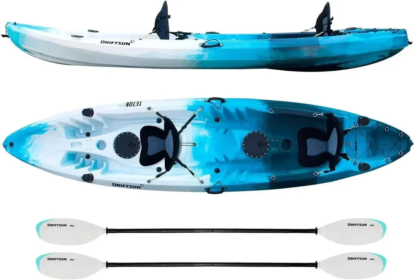 Hard Shell Kayak. 2 or 3 Person Sit on Top. 2 EVA Padded Seats. 2 Aluminum Paddles and Fishing Rod Holder Mounts. Kayak