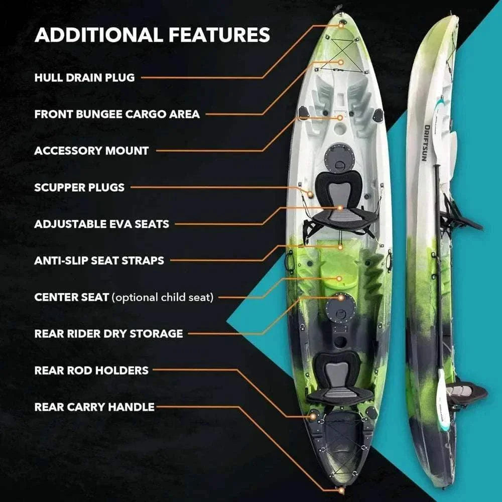 Hard Shell Kayak. 2 or 3 Person Sit on Top. 2 EVA Padded Seats. 2 Aluminum Paddles and Fishing Rod Holder Mounts. Kayak