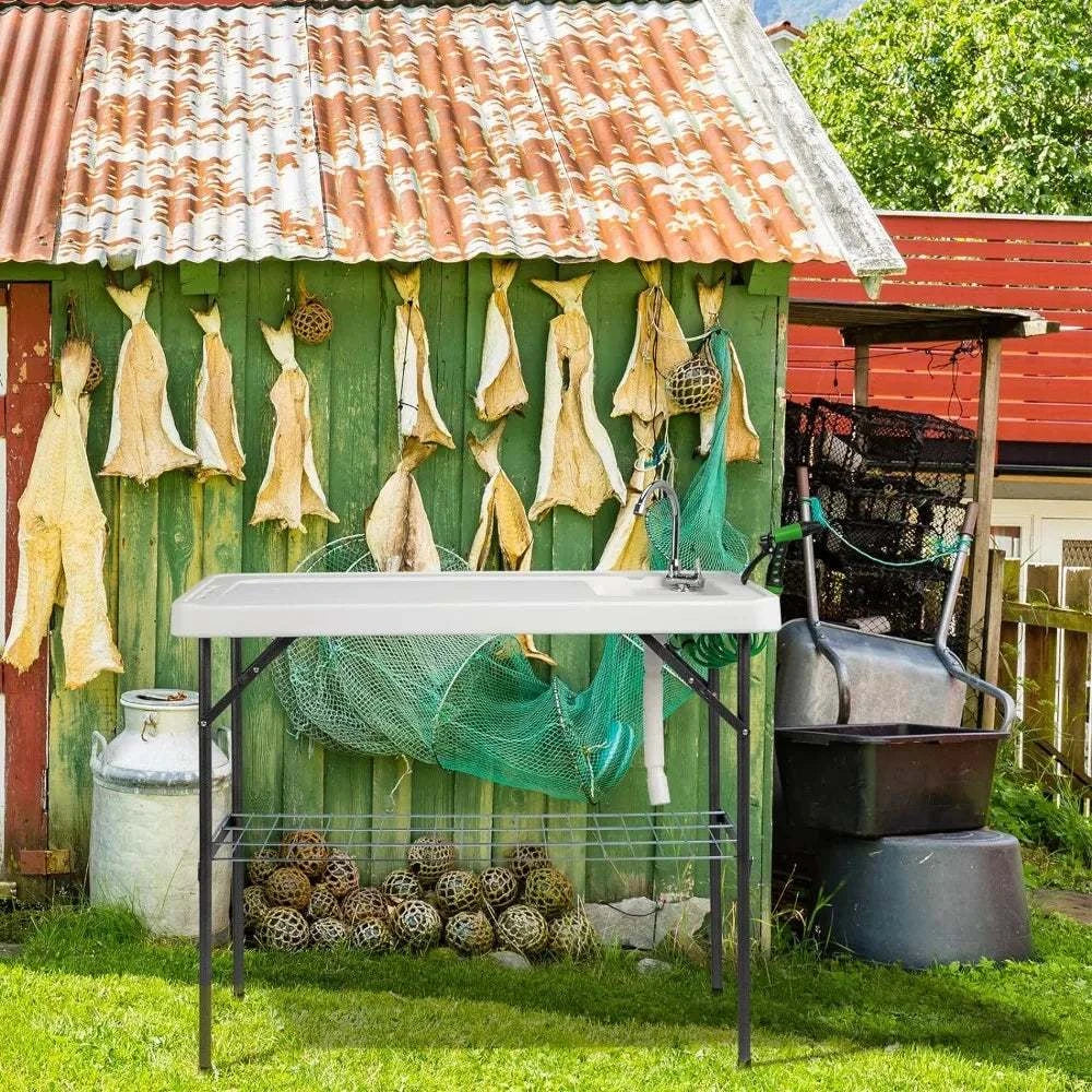 Folding Fish Cleaning Table with Sink. Portable Camping Sink Table with Grid Rack & Sprayer. Fish Fillet Cutting