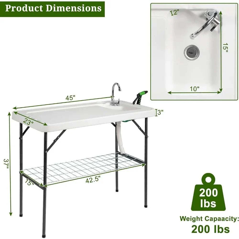 Folding Fish Cleaning Table with Sink. Portable Camping Sink Table with Grid Rack & Sprayer. Fish Fillet Cutting