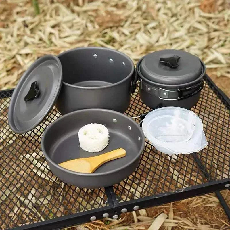 Lightweight and Portable Pot and Pan with Carrying Bag. Outdoor Camping Cookware Set for 2-7 Persons