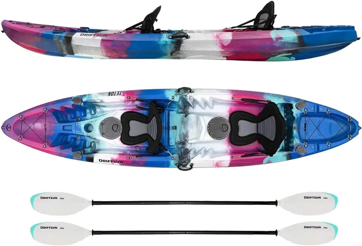 Hard Shell Kayak. 2 or 3 Person Sit on Top. 2 EVA Padded Seats. 2 Aluminum Paddles and Fishing Rod Holder Mounts. Kayak