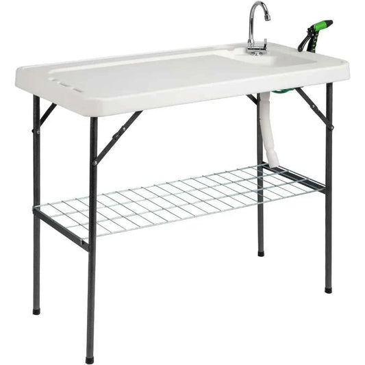 Folding Fish Cleaning Table with Sink. Portable Camping Sink Table with Grid Rack & Sprayer. Fish Fillet Cutting