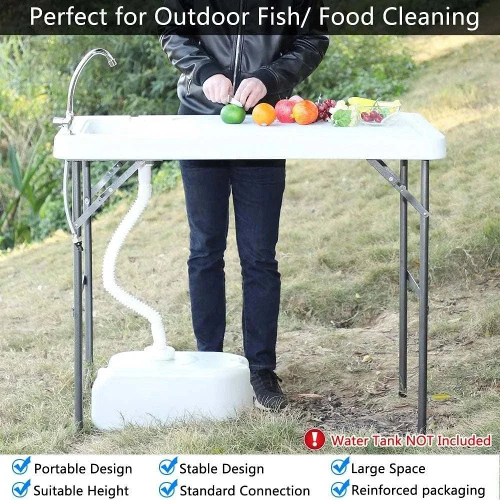 Folding Fish Cleaning Table with Sink. Portable Camping Sink Table with Grid Rack & Sprayer. Fish Fillet Cutting